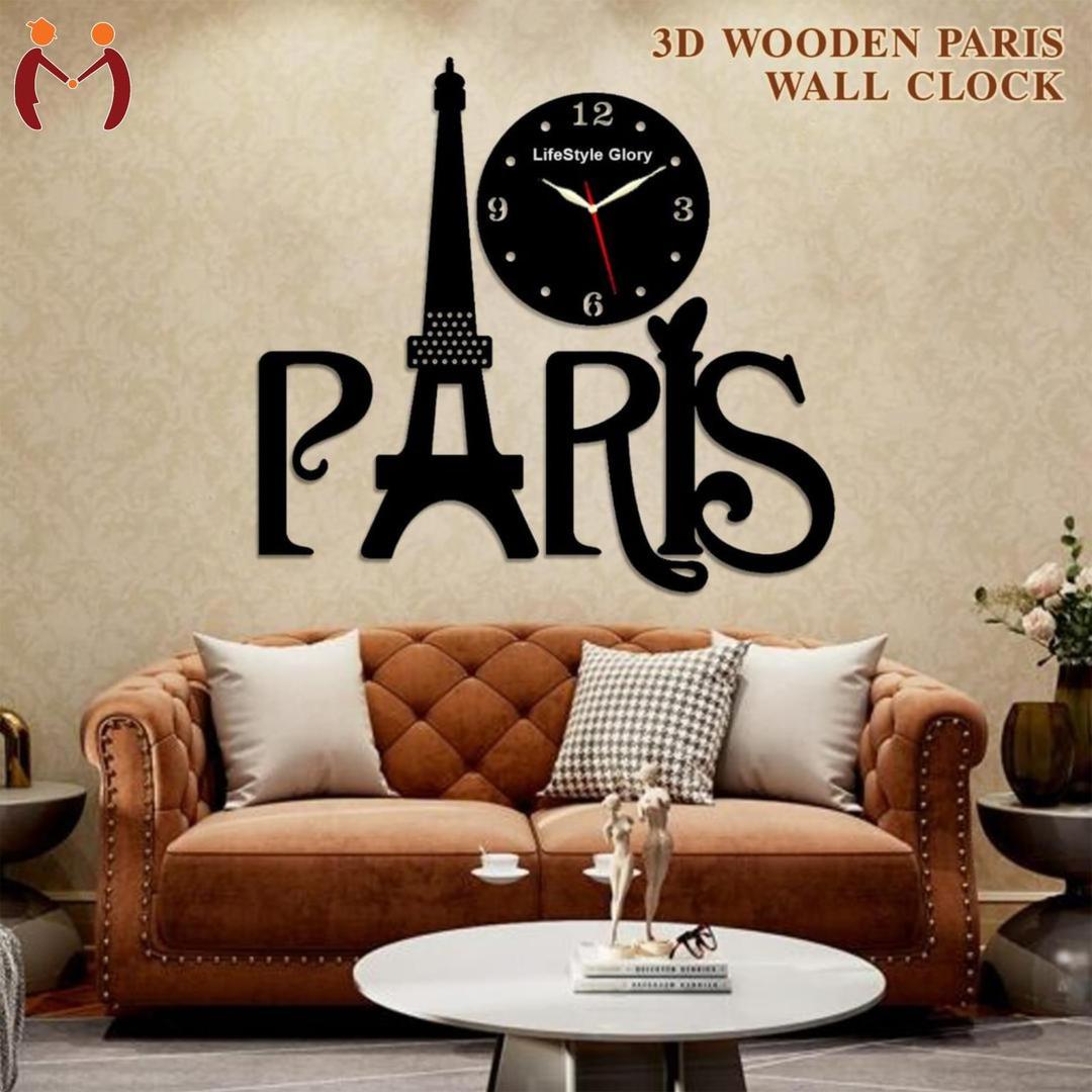 3D Wooden Paris Wall Clock Black Eiffel Tower Modern Decor
