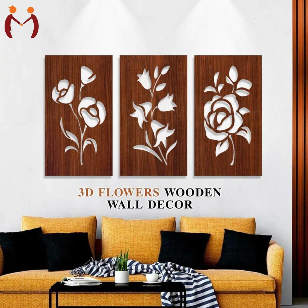 3D Floral Wall Art Set 3 Pcs MDF Brown