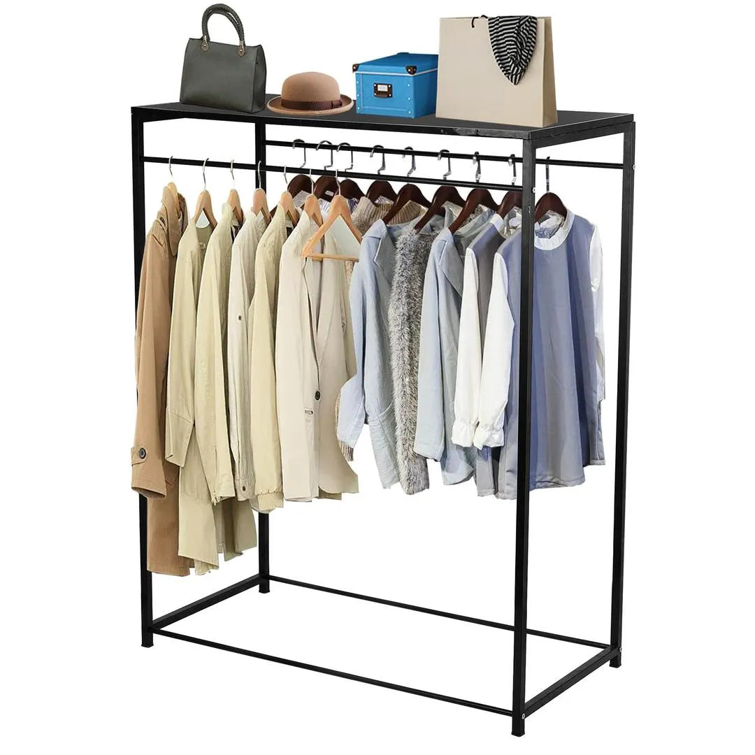 Black Iron & Wood Clothing Stand with Top Shelf